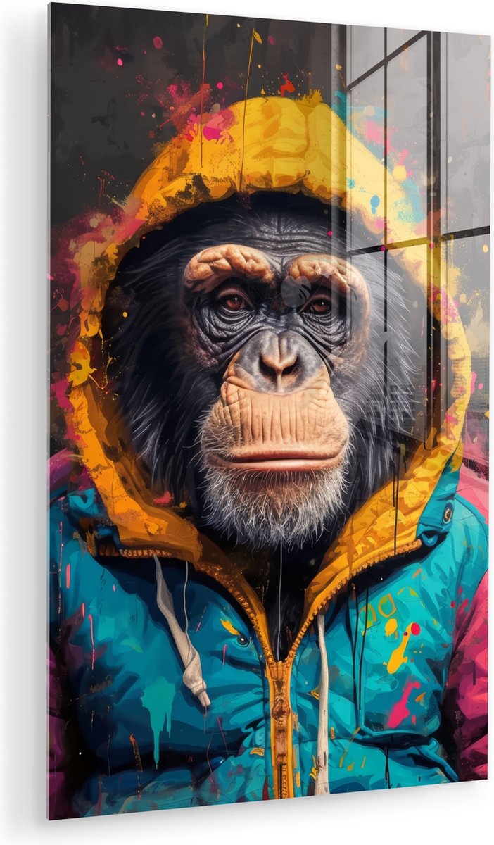 MuchoWow® Glasschilderij 40x60 cm - Schilderij acrylglas - Graffiti - Chimpansee - Jas - Aap - Verf - Foto op glas - Muurdecoratie woonkamer - Wanddecoratie slaapkamer - Schilderijen