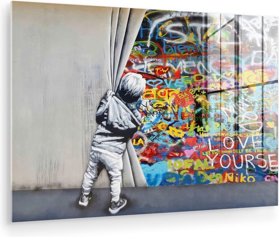 MuchoWow® Peinture sur verre 90x60 cm - Peinture sur verre acrylique - Graffiti - Garçon - Illusion - Street art - Photo sur verre - Décoration murale salon - Décoration murale chambre - Peintures