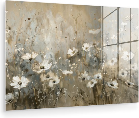 MuchoWow® Tableau sur verre 120x80 cm - Tableau sur verre acrylique - Fleurs - Wit - Nature - Grijs - Moderne - Photo sur verre - Décoration murale salon - Décoration murale chambre - Peintures
