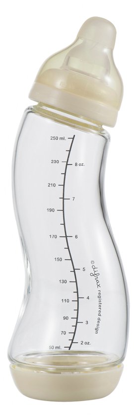 Difrax Glazen Baby S-fles 250 ml Natural - Cremewit - 1 Stuk, Baby fles met Anti-Colic, S-Vorm zorgt voor constante stroom