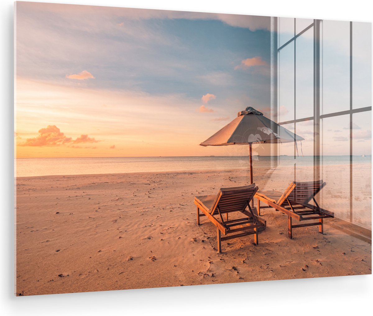 MuchoWow® Glasschilderij 150x100 cm - Schilderij acrylglas - Strand - Ligbed - Parasol - F