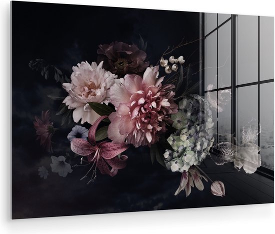Peinture sur verre fleurs - Vintage - Pastel - Zwart - Bouquet - Peinture sur verre - Salon - 90x60 cm - Décoration fleurs - Décoration chambre - Décoration murale