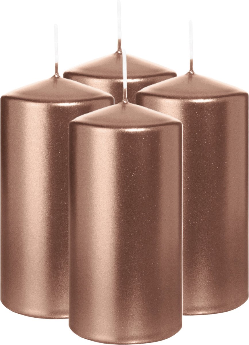 Wiedemann Cilinderkaars/stompkaars - 4x - metallic roségoud - 12 x 6 cm - 33 branduren - zuilkaarsen Rose goud