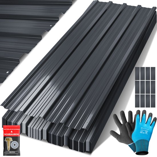 KESSER® Dakplaten Metaal 12 Stuks | Dakpanelen 129x45cm = 7m² | Weerbestendig, UV-bestendig, Roestvrij en Met Waterafvoergroeven | Golfplaten - Dakbedekking en Wandbekleding voor Schuren, Carports, Garages & Tuinhuisjes - Antraciet