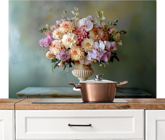 Crédence de Cuisinière en Aluminium 120x80 cm - Orchidée - Bouquet - Vase - Fleurs - Écran Pare-éclaboussures pour Plaque de Cuisson - Protection Murale