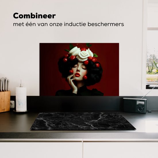 Crédence de Cuisinière en Aluminium 70x50 cm - Femme - Cerises - Crème fouettée - Écran Pare-éclaboussures pour Plaque de Cuisson - Protection Murale