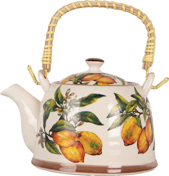 Clayre & Eef Theepot met Filter 800 ml Wit Geel Keramiek Citroenen