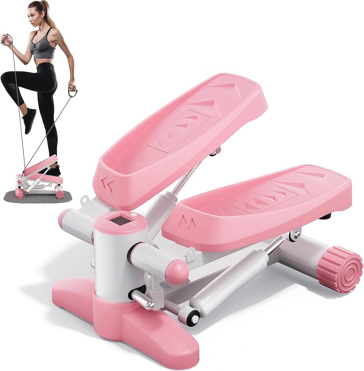 Roze Stepper voor Oefeningen - Draagbare Mini Stepper met Weerstandsband en Antislipmat, 150KG Gewichtscapaciteit LCD Calorieënweergave, Aerobic Fitness Machine voor Thuis en Kantoor