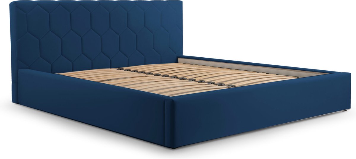 Tweepersoonsbed met fluwelen bekleding, met hoofdeinde, lattenbodem, bed voor volwassenen - BED 02 - 180x200 - Donkerblauw (TRINITY 31)