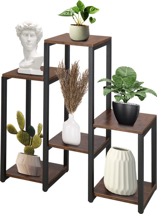 Étagère à plantes Springos | Support à plantes | Escaliers végétaux | 6 niveaux | Métal | Bois | Noir | Marron foncé