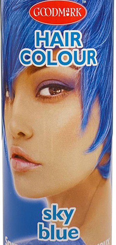 Goodmark Haarkleur Spray Sky Blue close-up van een vrouw met blauw haar.