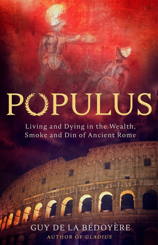 Boekomslag met Romeinse gladiatoren en het Colosseum, met de titel "Populus".