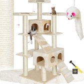 tectake® XXL Luxe Sisal-Krabpaal 186 cm Hoog met Speelgoed en Accessoires voor Kittens en Katten | Sisaltouw Krabpaal met Kattengrot, Kattenhuis, Kattentrap en Uitkijkplatforms - Beige