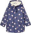 Veste de pluie bleu foncé avec imprimé cœurs roses, capuche et doublure sherpa.