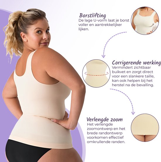 Dames in huidskleur shapewear top. Met uitleg over borstlifting en corrigerende werking.