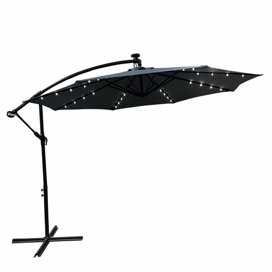 Parasol de jardin MILIN 245x300 cm avec LED- Siècle des Lumières Gris Foncé, résistant aux UV et aux intempéries avec structure métallique pliable, octogonale avec base croisée et tissu polyester de 180 g/m²