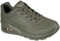 Olijfgroene Skechers sneaker met vetersluiting, perforaties op de neus en zijde, en luchtdemping.