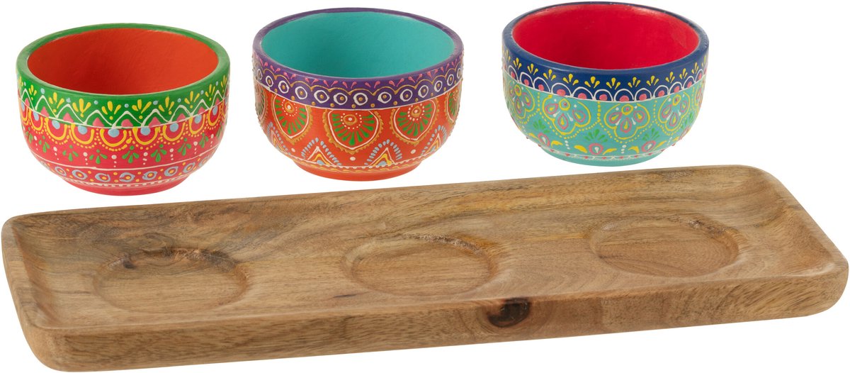 J-Line kom + plateau Mumbai - keramiek/hout - mix - 3 stuks