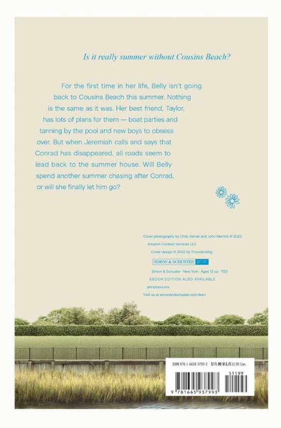 Achterkant van een boek met de titel 'It's Not Summer Without You'. De tekst beschrijft het verhaal en de achterkant heeft een afbeelding van een gazon met struiken en riet.