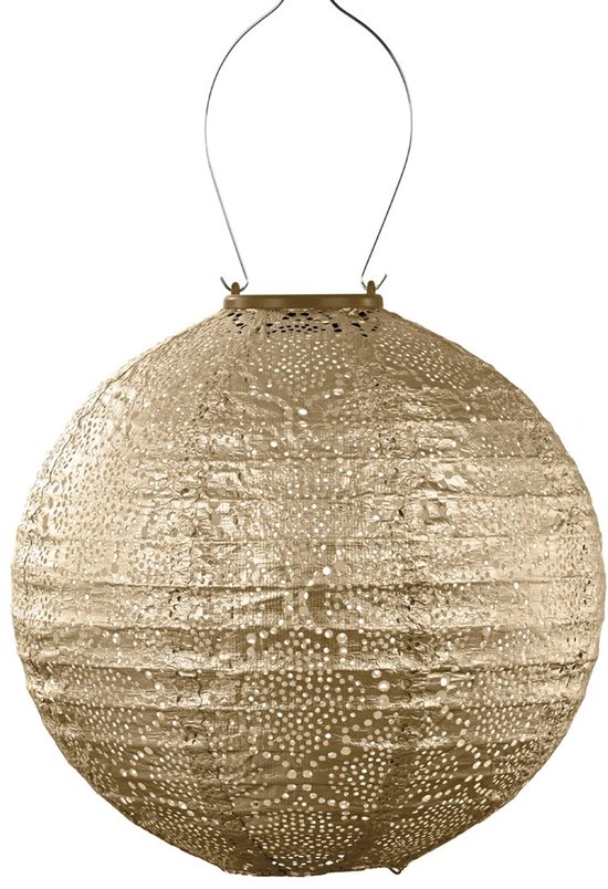 Gouden, ronde lampion van Tyvek met perforaties, hangend met een draad.