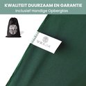 Detail van donkergroene statafelrok met label en opbergtas. Kwaliteit, duurzaam en garantie.