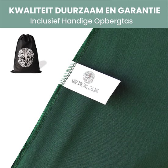 Detail van donkergroene statafelrok met label en opbergtas. Kwaliteit, duurzaam en garantie.