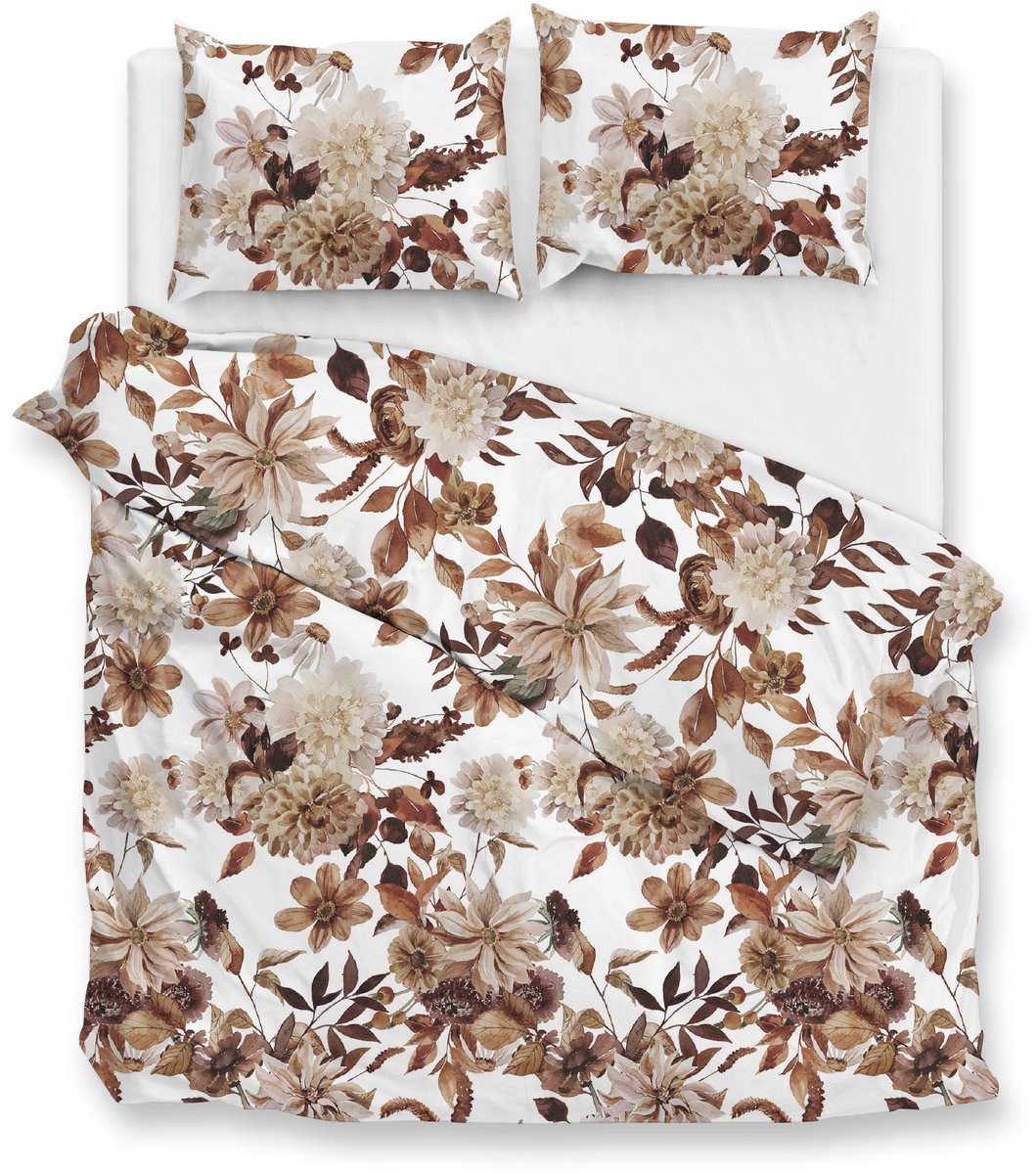 Zohome Dekbedovertrek Sofia - Bedlinnen met Bloemen print - 240x220 - Bruin - Dekbedhoes van 100% Katoen-Flanel