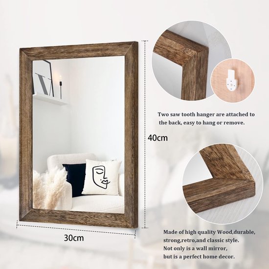 AAZZKANG Rustieke wandspiegel, rechthoekig, houten frame, spiegel, 50 x