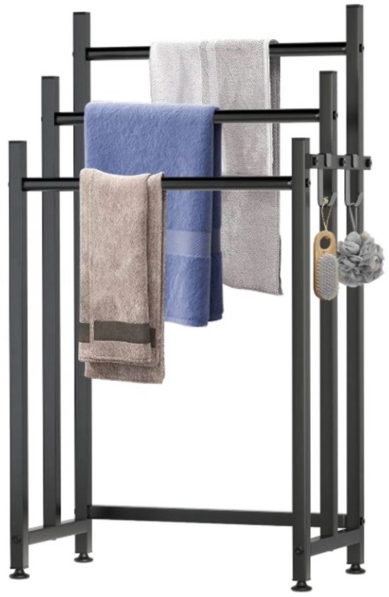 Porte-serviettes noir salle de bain sur pied 45 x 25 x 84 - Porte-serviettes noir cuisine - Echelle porte-serviettes métal noir - Porte-serviettes sur pied - Porte-serviettes sans perçage salle de bain