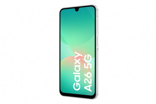 Witte Samsung Galaxy A26 5G smartphone, schuin van voren getoond, met 'Galaxy A26 5G' tekst op het scherm.