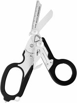 Zwarte Leatherman Raptor Rescue schaar met zilverkleurige metalen delen en een centimeterverdeling op het lemmet.