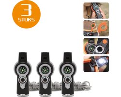 Colorful Sun® 7-in-1 Survivalfluit - 3 Stuks - Grijs/Zwart - Noodfluit met LED, Kompas, Thermometer, Spiegel, Vergrootglas & Opbergvak - 120 dB Alarmfluit - Voor Noodgevallen, Outdoor, Wandelen, Camping & Sport - Inclusief Sleutelkoord