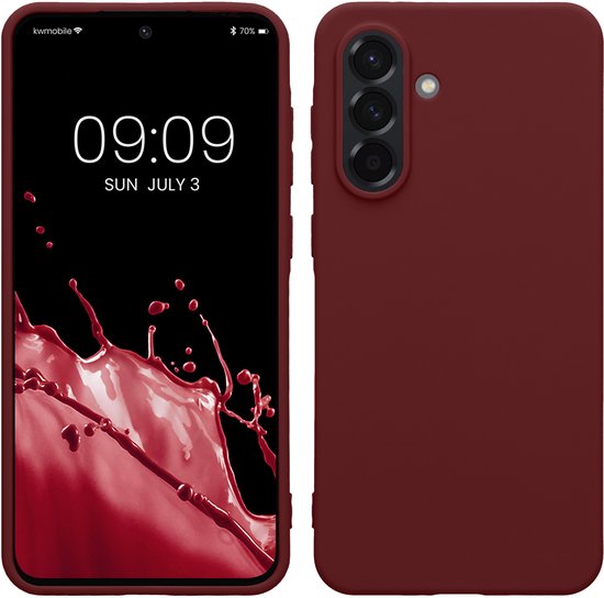 Coque de téléphone bordeaux, vue avant et arrière. Le téléphone affiche "09:09 SUN JULY 3" à l'écran.