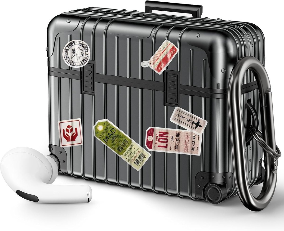 Casemania Koffer Hoesje Geschikt voor Apple AirPods Pro & Pro 2 - Zwart - Schokbestendig – Case Inclusief DIY Stickers & Karabijnhaak