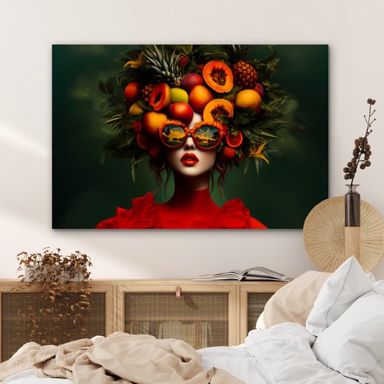 Aluminium schilderij 120x80 cm - Wanddecoratie metaal - Vrouw - Vruchten - Papaja - Ananas - Metalen muurdecoratie woonkamer - Decoratie industrieel - Foto op dibond - Industriële accessoires slaapkamer