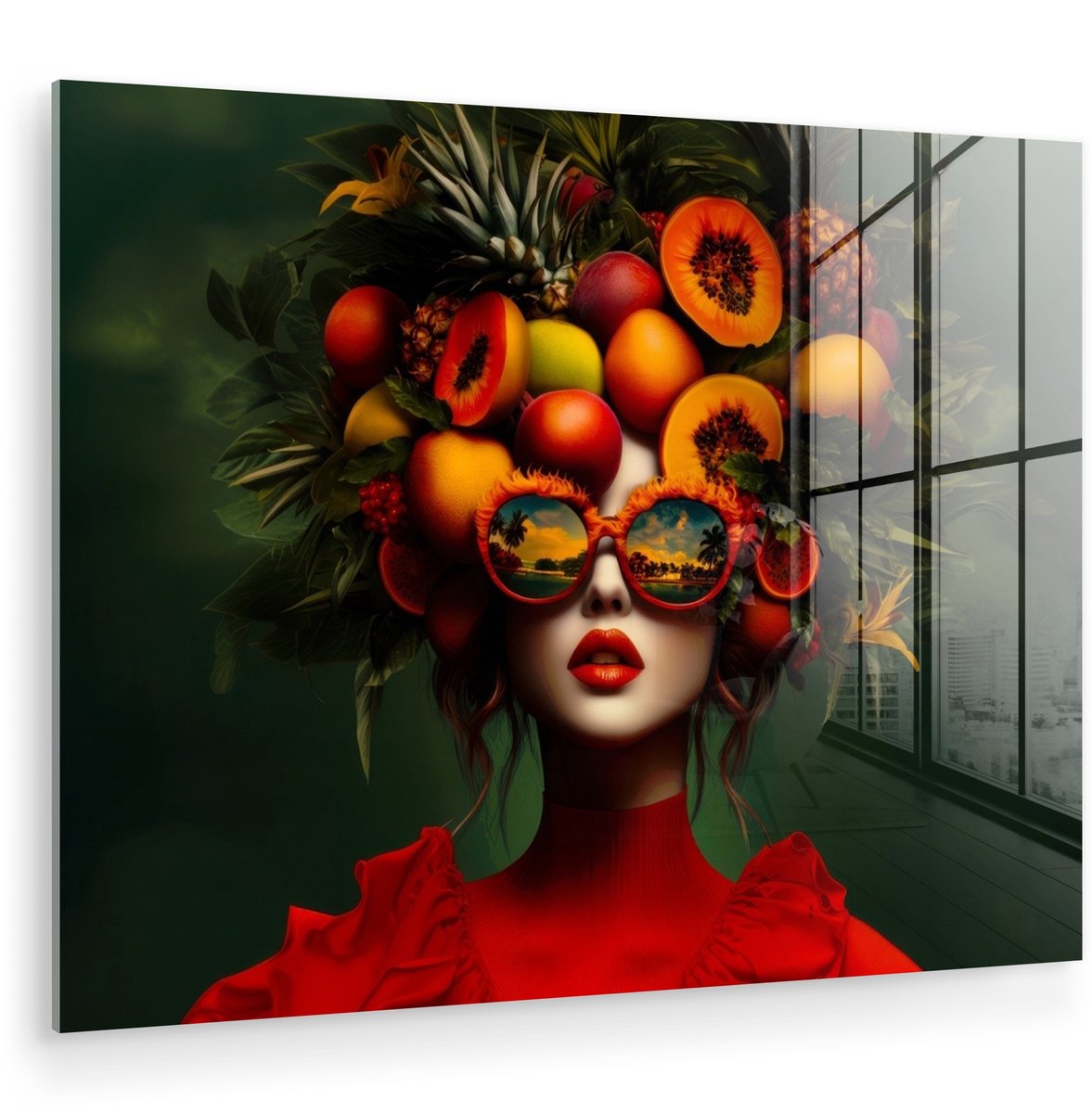 MuchoWow® Glasschilderij 80x60 cm - Schilderij acrylglas - Vrouw - Vruchten - Papaja - Ananas - Foto op glas - Muurdecoratie woonkamer - Wanddecoratie slaapkamer - Schilderijen