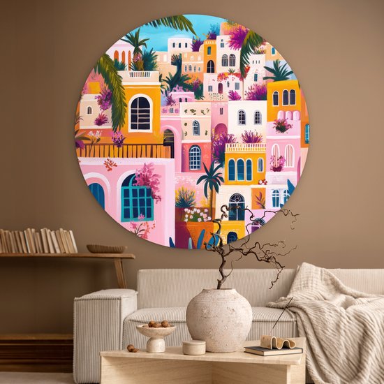 WallCircle® Cercle Mural 120x120 cm - Cercle Mural Coloré - Rose - Oranje - Jaune - Fleurs - Décoration murale salon - Décoration murale chambre - Accessoires de décoration de chambre - Tableaux ronds XXL