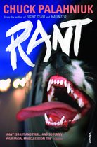 Boekomslag van Rant door Chuck Palahniuk met een grote, gapende hond met scherpe tanden en een rode tong. De titel is in witte letters.