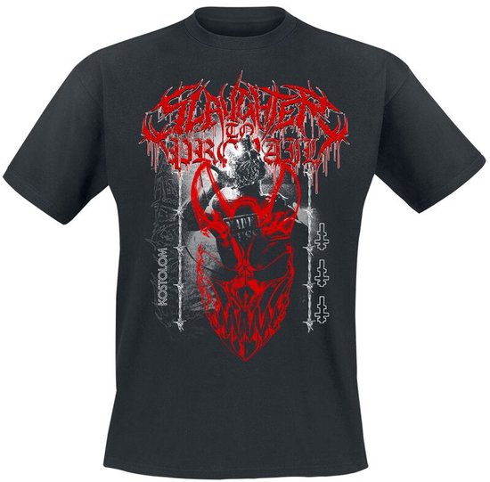 T-shirt noir avec inscription rouge 'Slaughter To Prevail Kostolom', représentant une figure masquée et des croix.