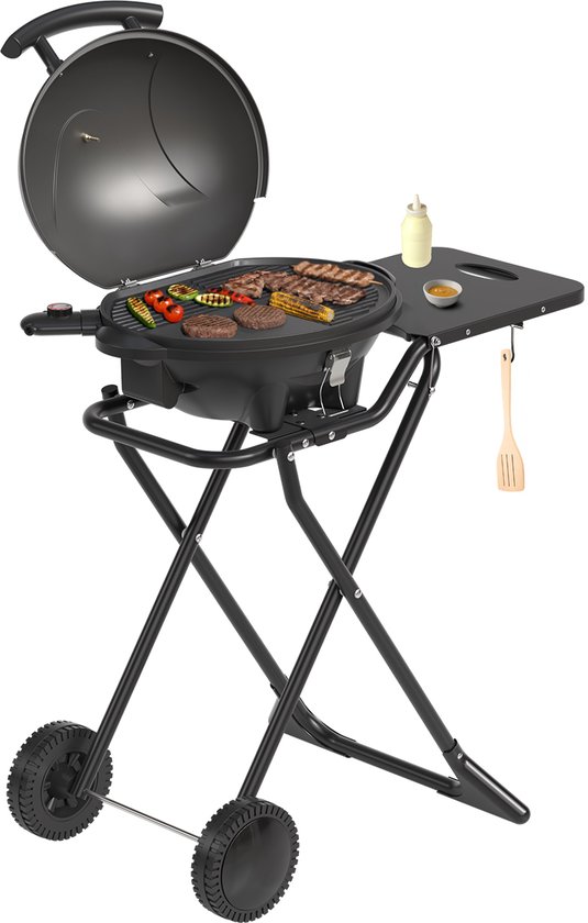 KitchenBrothers Elektrische BBQ - Opvouwbaar - Barbecue met Wielen - Anti-aanbaklaag - Zijtafel - tot 250°C - 2400W - Zwart