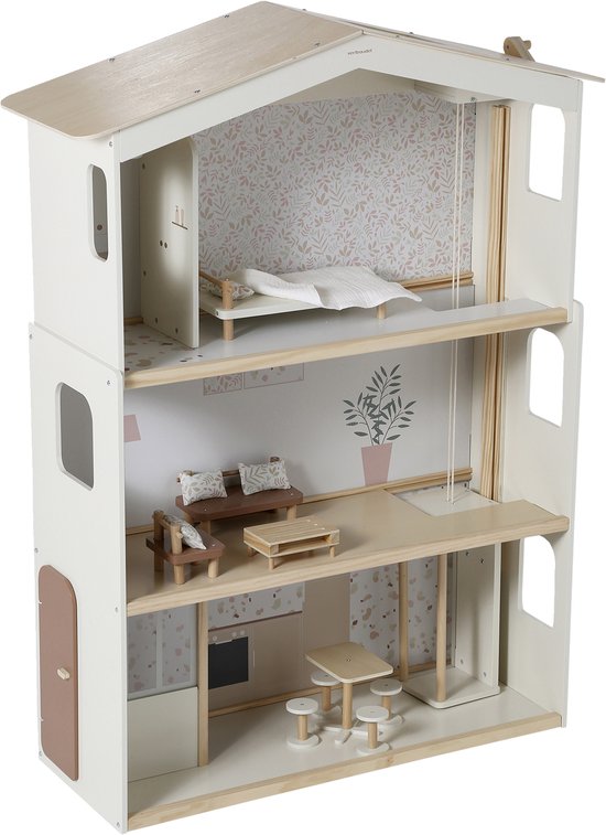 Driekwart aanzicht van Vertbaudet houten poppenhuis met beige en houten afwerking, ingericht met miniatuurmeubels.