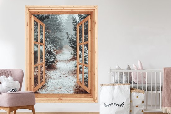Stickers muraux - Feuille autocollante - Forêt - Hiver - Arbres - Nature - Chemin - Vue - 120x160 cm - Film adhésif - Stickers muraux chambre d'enfant - Papier peint autocollant XXL - Papier peint autocollant - Feuille autocollante