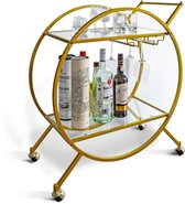 Eleganca Bar Trolley - Serveerwagen - Bar Cart - Keukentrolley op Wieltjes - Met Wijnglazenhouder - 2 Lagen - Glas/Metaal - Goud
