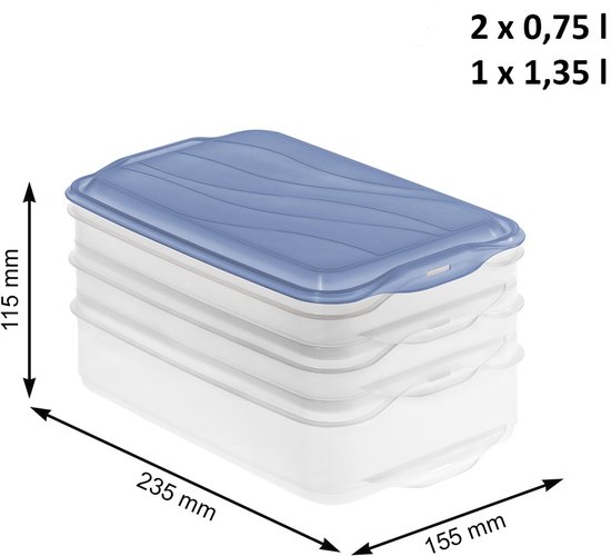 Deux boîtes de conservation alimentaires transparentes avec couvercles bleus, mesurant 235mm x 155mm x 115mm et contenant 2x0.75L, 1x1.35L.