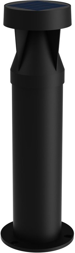 Zwarte Philips Avery sokkellamp met zonnepaneel en voet, geïsoleerd op witte achtergrond.