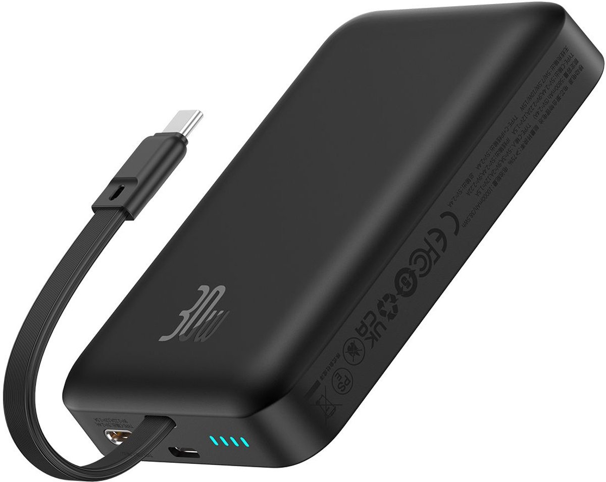 Baseus - Magnetic - Mini MagSafe 10000mAh 30W powerbank met ingebouwde USB-C kabel - zwart + Baseus Simple Series USB-C - USB-C 60W 0,3m kabel