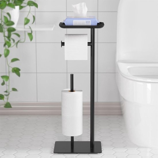 Vrijstaande toiletrolhouder met bovenste opbergvak, zwarte toiletrolhouderstandaard, vloerstandaard toiletpapierdispenser met opbergruimte voor 4 reserverollen