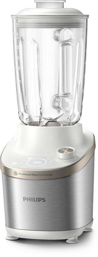 Close-up van een Philips blender met glazen kan, RVS onderstel en digitaal bedieningspaneel.