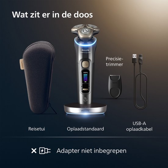 Inhoud van de doos: Philips Shaver i9000 Prestige Ultra, reishoes, oplader, precisietrimmer en USB-A kabel. Adapter niet inbegrepen.