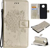Voor Xiaomi Redmi Note 9 5G Tree & Cat Pattern Pressed Printing Horizontale Flip PU Leather Case met houder & kaartsleuven & portemonnee & Lanyard (goud)